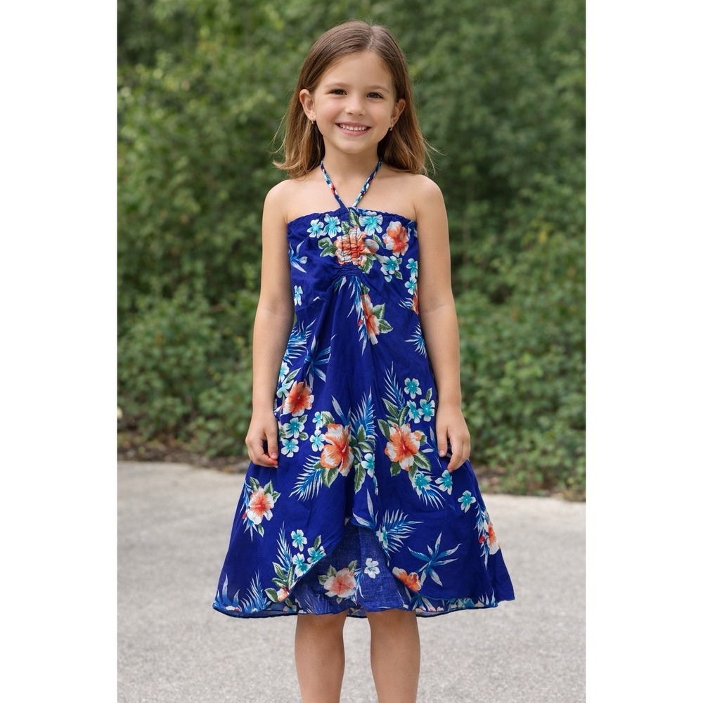 Sunny Island Hawaii Blue Floral  Halter Fairy Sundress Rayon Gypsy Tropical Sz 6